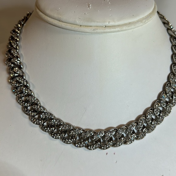 16” Rhinestone Unisex Cuban Link Necklace.  Stainless Steel Silver Tone. NWT - Picture 2 of 6